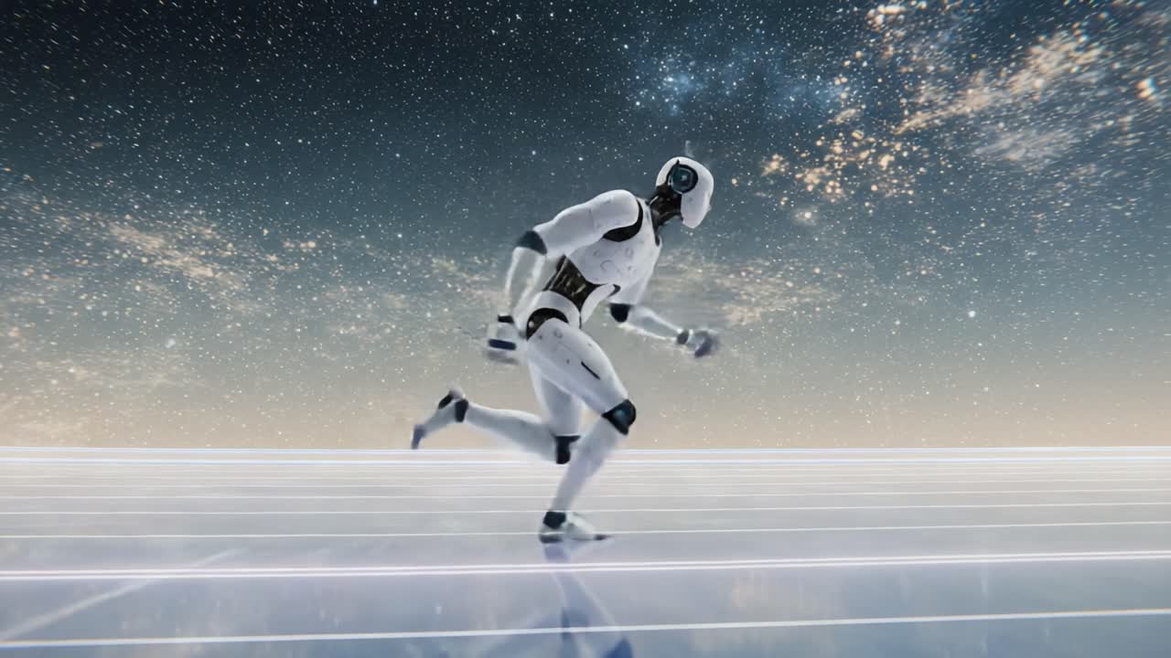 A Futuristic Robot in Motion: Capturing the Essence of Speed and Technology Against a Stunning Cosmic Background in this Dynamic Two-Frame Sequence