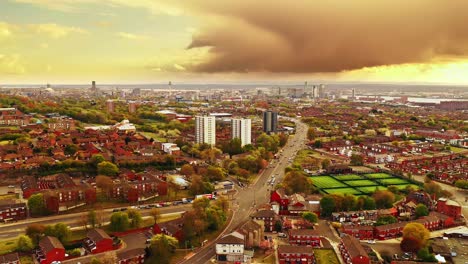 Dramatic-Sunset-Liverpool,-England---Aerial-Reverse-Away-From-The-City