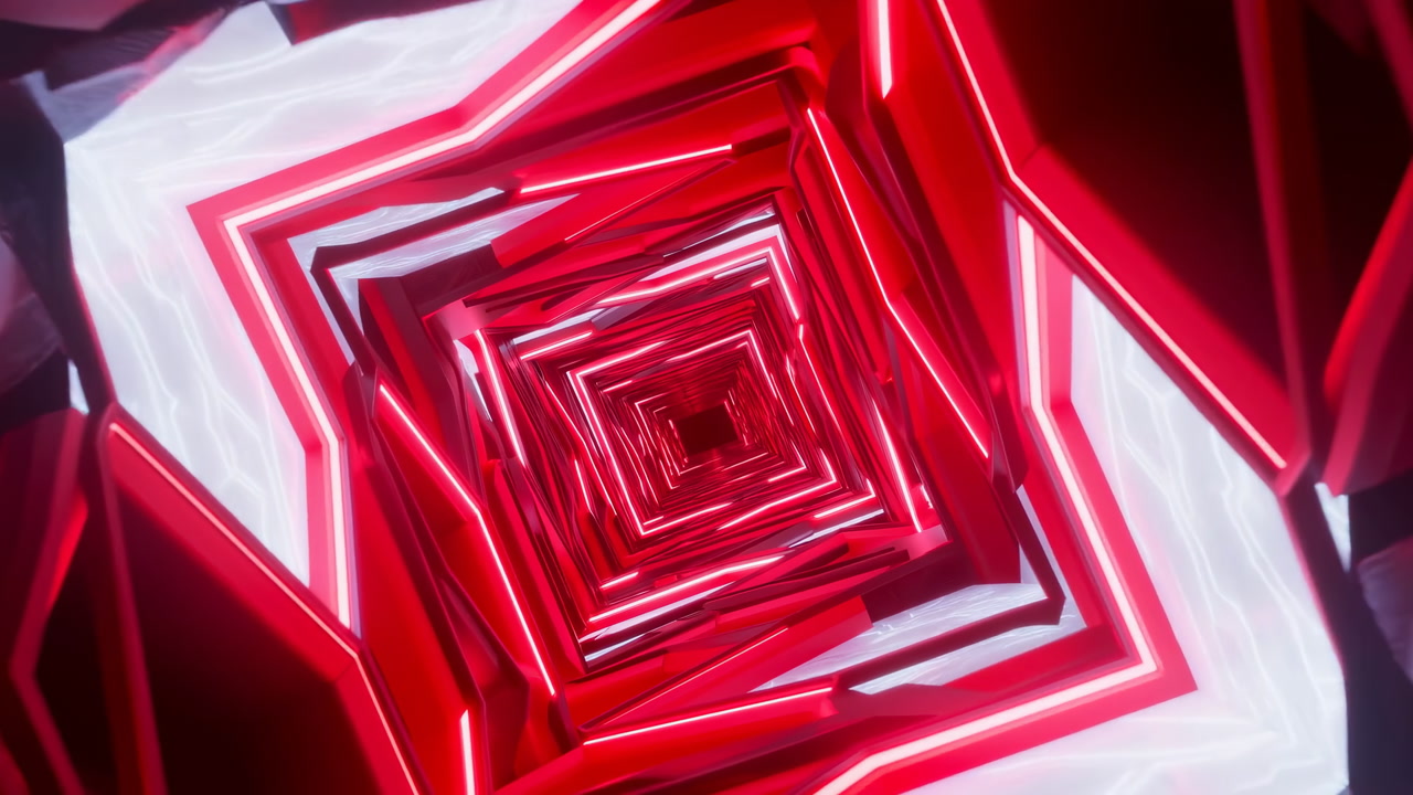 Red Neon Geometric Tunnel Pulsing Through Glossy Faceted Walls And Bright LED Lines Into Deep Central Void,