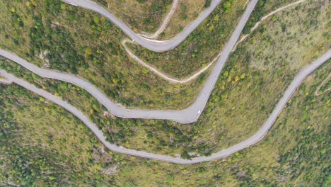 automóviles y camiones que viajan por caminos rurales en zigzag, directamente encima de la antena descendente