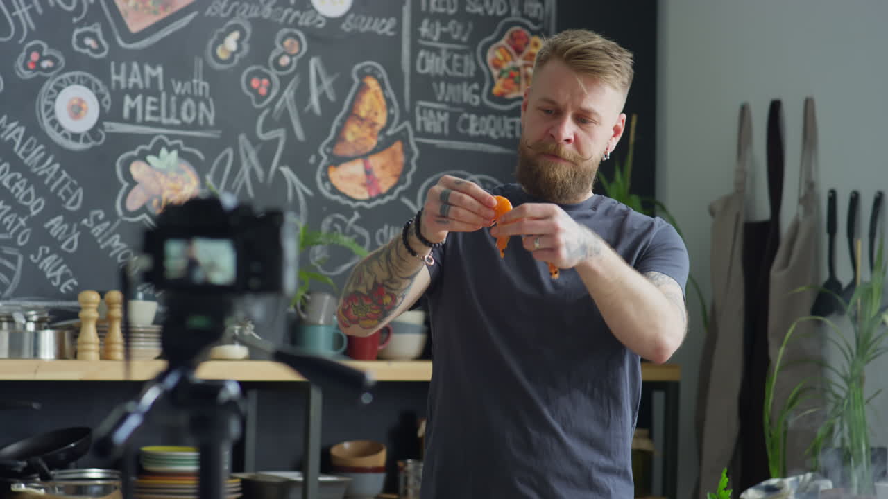 Chef Talking about Shrimps on Camera while Filming Food Vlog