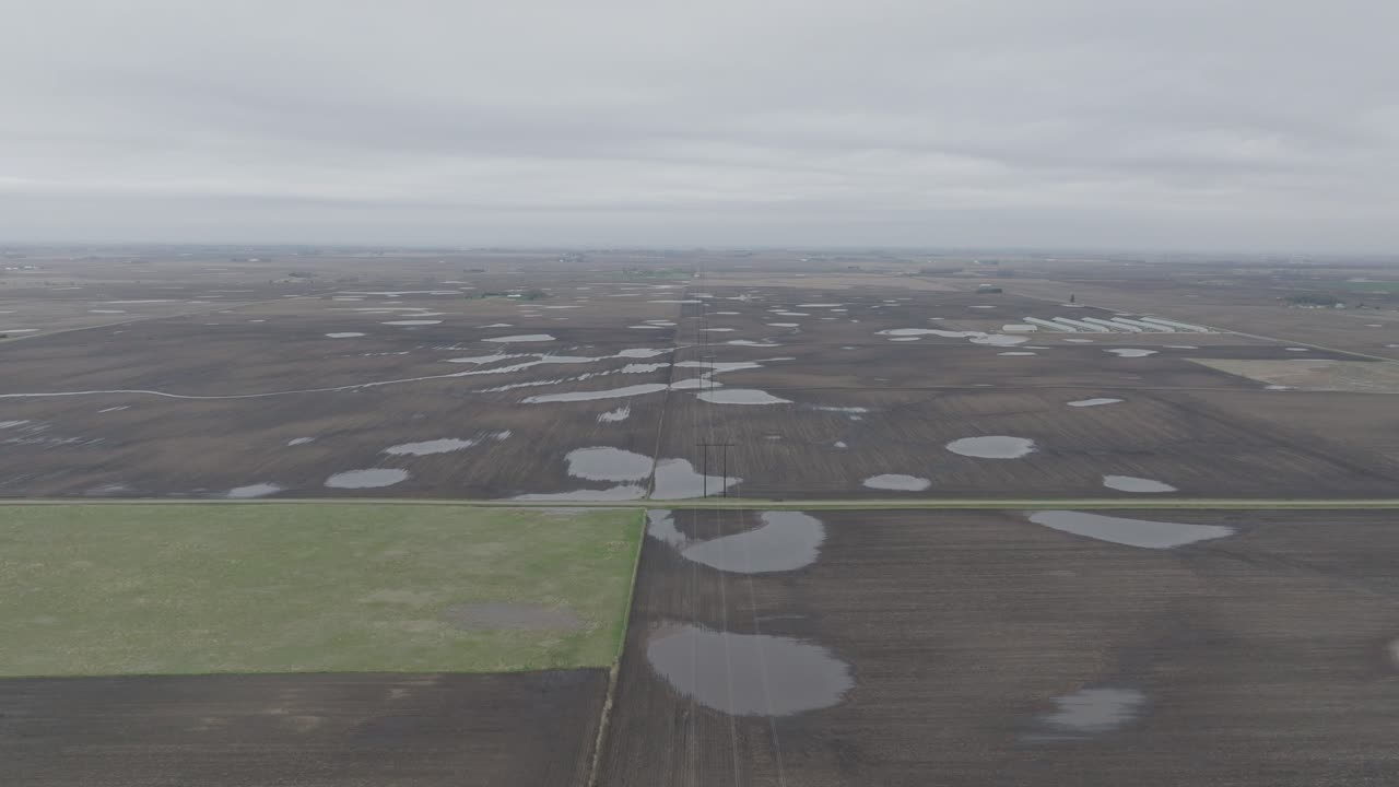 Panoramic Landscape View Of A Flooded Field At Sunrise. Aerial Drone Shot