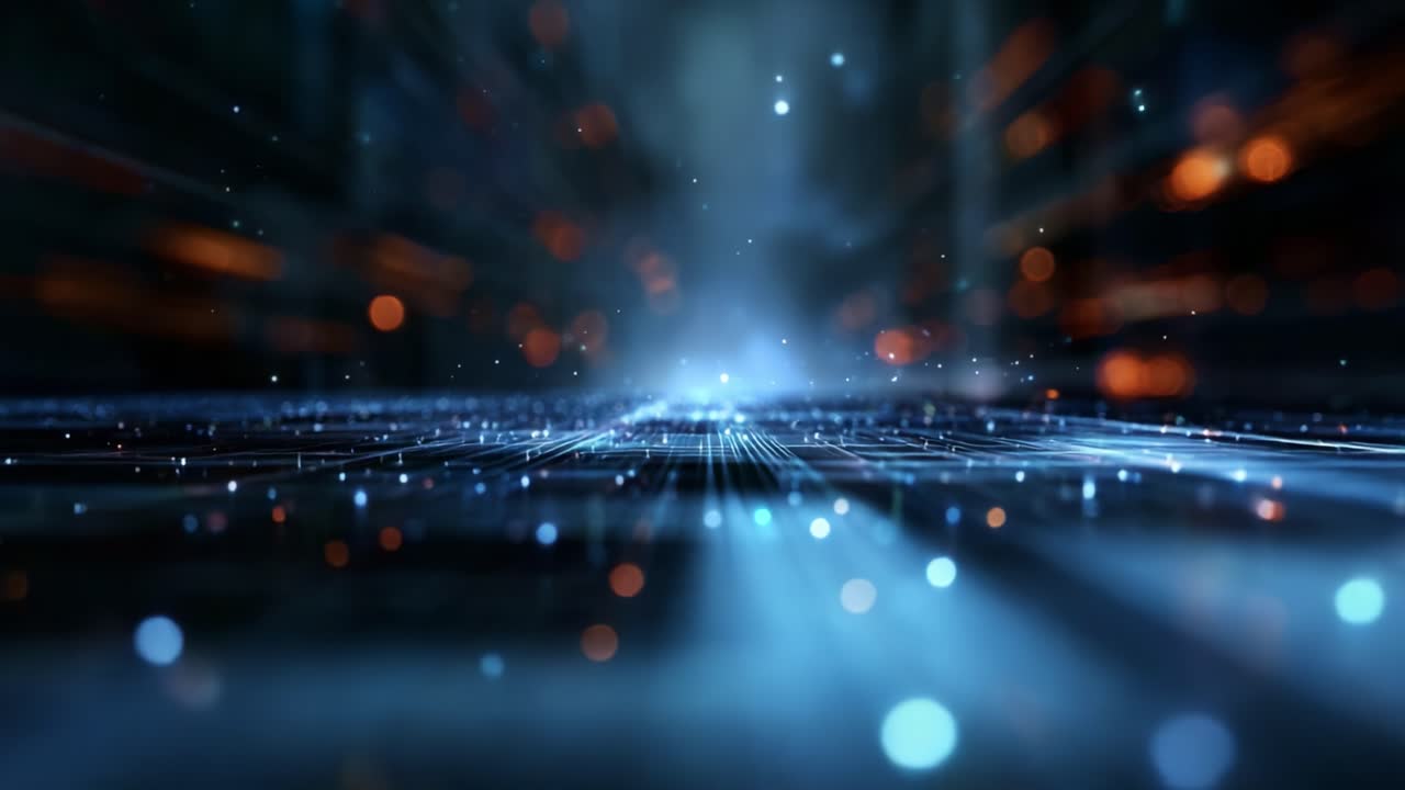 Dynamisk lysstrøm: En imponerende visuel rejse gennem en anden dimension med levende partikler og abstrakte mønstre, der fremkalder teknologi og innovation