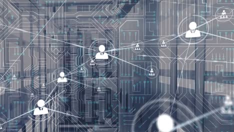 Animation-of-network-of-connections-and-computer-circuit-board-over-server-room