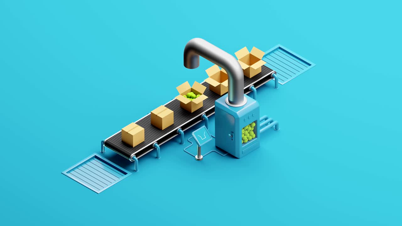 Mechanical conveyor moves fruit boxes on the blue background. From the metal pipe pours juicy green apples. 3D seamless loop animation.
