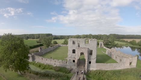 Aerial-Drone-Footage-of-the-ruins-of-Baconsthorpe-Old-Manor,-North-Norfolk