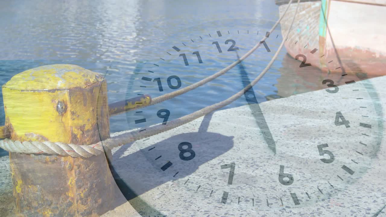 Crossfade shifting left bringing yellow bollard forward, clock hands rotating, showing passing time