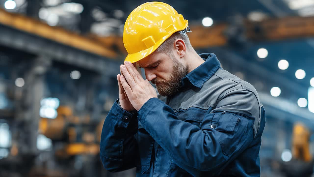 A Focused Worker in a Safety Helmet Reflecting on Challenges in an Industrial Environment, Emphasizing Commitment and Responsibility in the Workplace