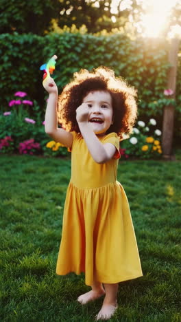 joyful child playing with colorful pinwheel in a sunny garden