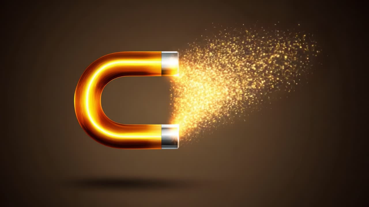 A vibrant, shiny magnet releasing glowing particles, visually representing the force of attraction and the mesmerizing effects of magnetism in a captivating scene