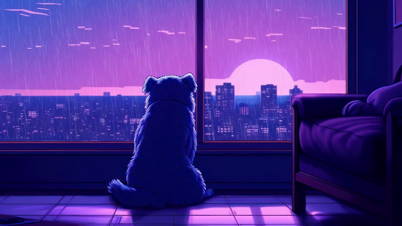 A dog sits by a window overlooking a cityscape at sunset. The video uses a low-angle shot
