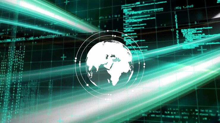 Animazione di globo ed elaborazione dati su sfondo scuro