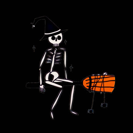 Skeleton witch broomstick Halloween animation isolated asset, transparent 4K video, alpha channel