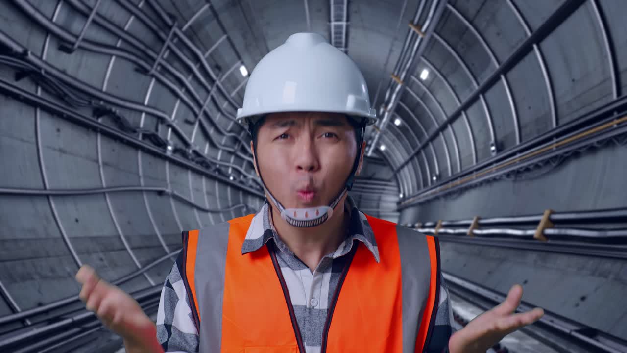 Close Up Of Wondering Asian Male Engineer With Safety Helmet Saying Why Working Doubtfully In Underground Subway Tunnel