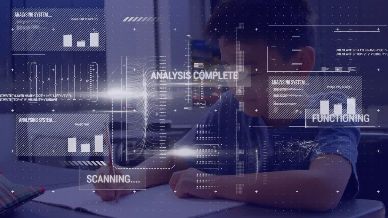 Animation of data processing over asian schoolboy in classroom