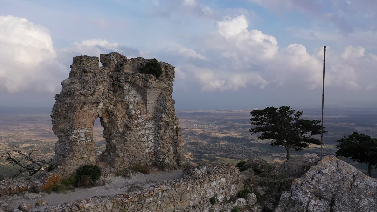 Aerial view of the historic Kantara Castle located on the mountain overlooking the Karpasia Peninsula