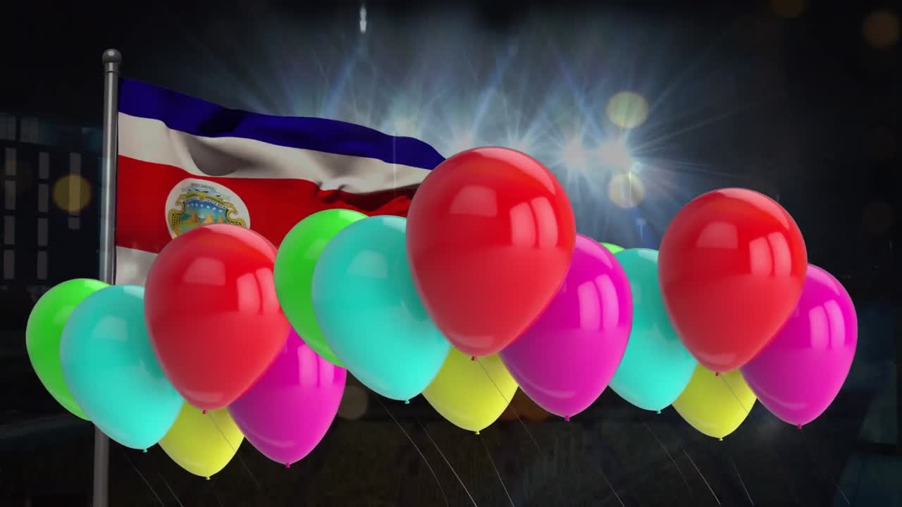 animación de globos y luces sobre la bandera de costa rica
