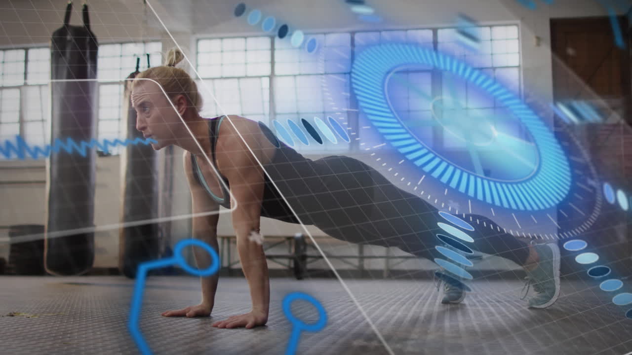 Woman doing push-ups in gym with digital fitness data overlay animation