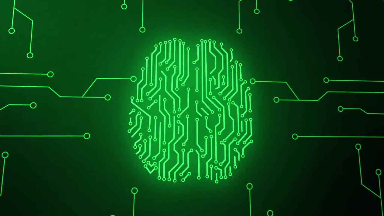 Animation of green network of connections and brain over black background