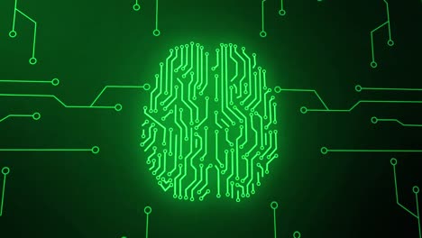 animation of green network of connections and brain over black background