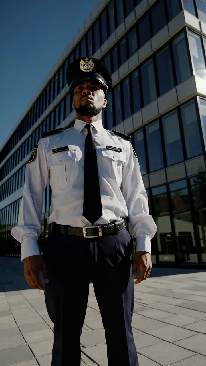 Low-angle shot of a security guard standing confidently in front of a modern glass building