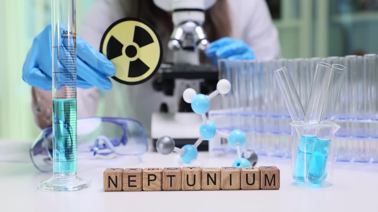 Neptunium Element Displayed in a Chemistry Lab with Radiation Symbol