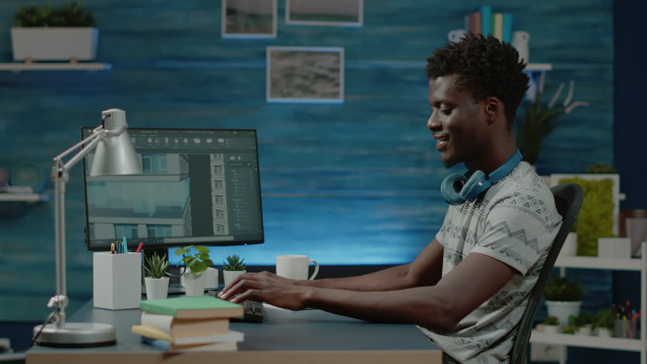 Architect working with building model on computer