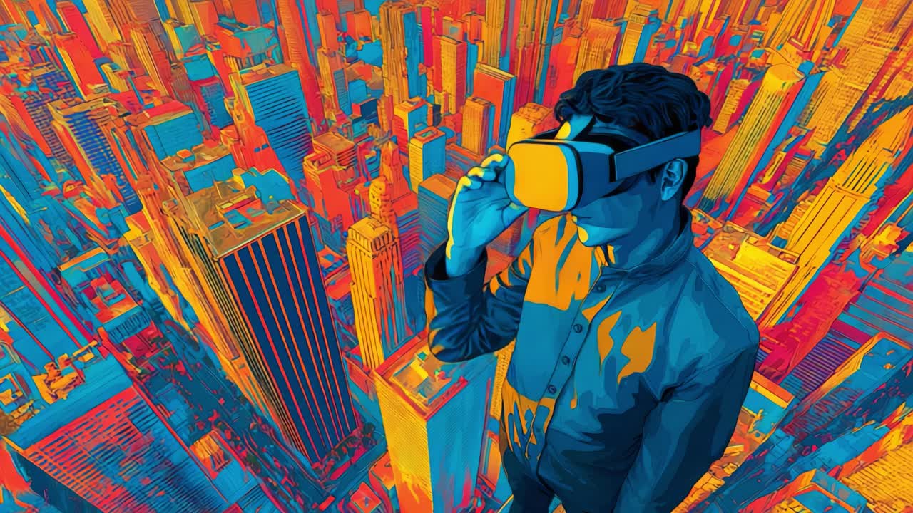 A Futuristic Exploration of Virtual Reality: Capturing the Essence of Immersion and Digital Experience as a User Interacts with Technology Amidst a Vibrant Cityscape Full of Life and Energy