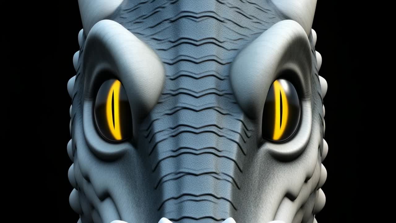 Emerging 3D dragon head gaining scales and horns in digital void, with glowing yellow slit eyes