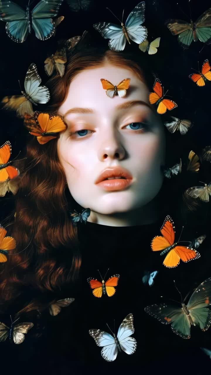 Video ravvicinato di una donna circondata da farfalle. Colori vivaci e stile etereo