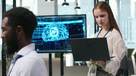 portrait of smiling female engineer coding with ai language model