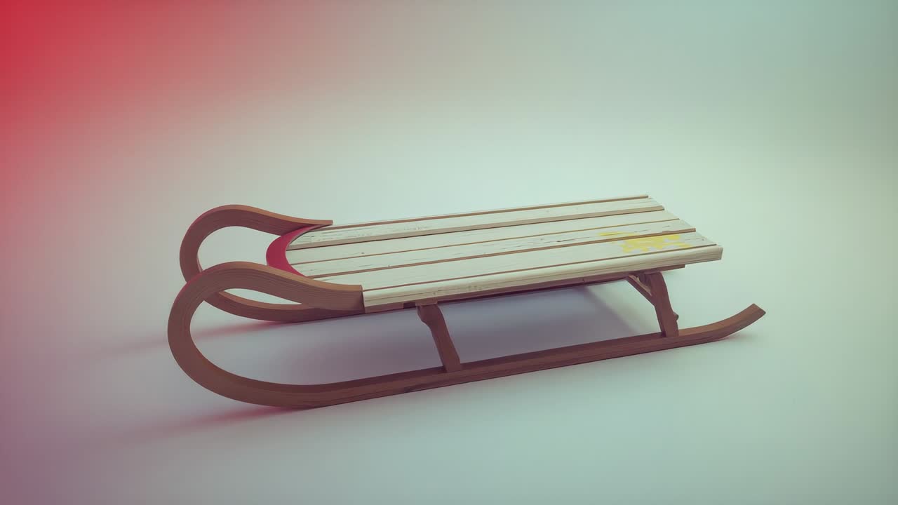Starting with front-left view, camera panning around wooden sled in studio, showing curved runner