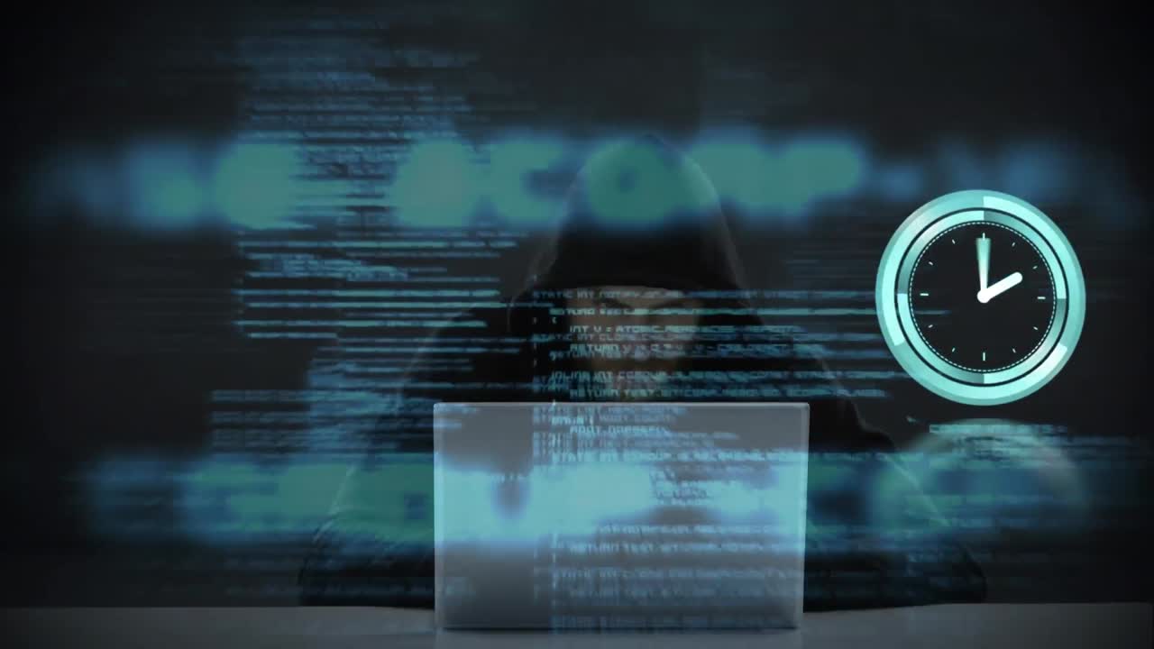 animación de reloj de neón y procesamiento de datos contra un hacker caucásico usando una computadora portátil.