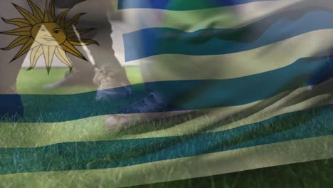 Animation-of-an-Uruguay-flag-waving-over-low-section-of-multi-ethnic-team-of-rugby-players-standing-