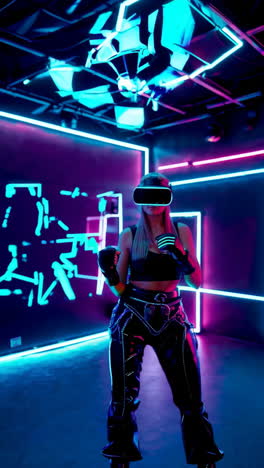 woman training in vr boxing with neon lights