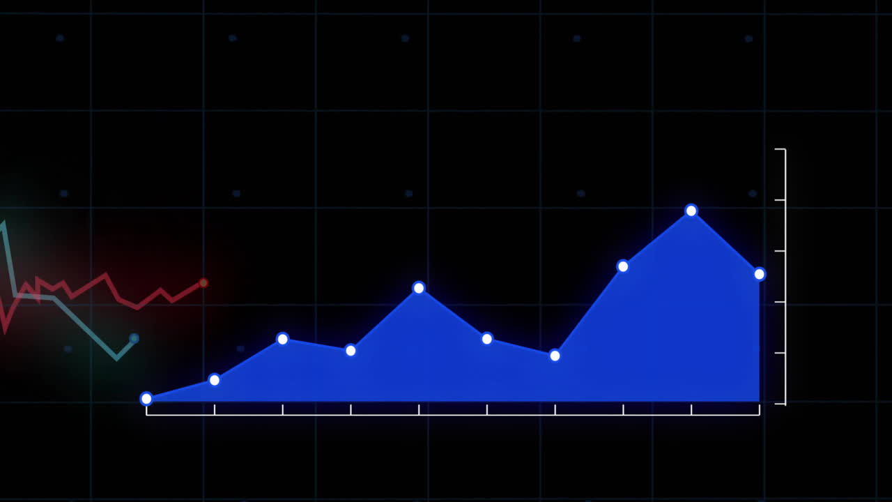 On dark grid background, blue line graph animation showing upward trend