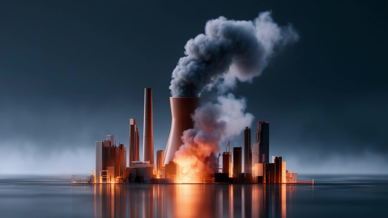 Immagini drammatiche di un paesaggio industriale con una torre di raffreddamento che emette fumo e strutture circostanti, catturando l'essenza della produzione di energia e dell'impatto ambientale.