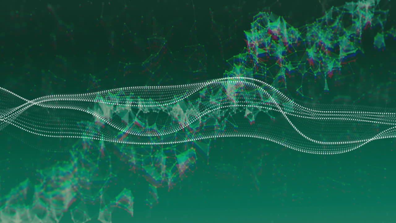 Animation of white lines over dna strand with network of connections on green background