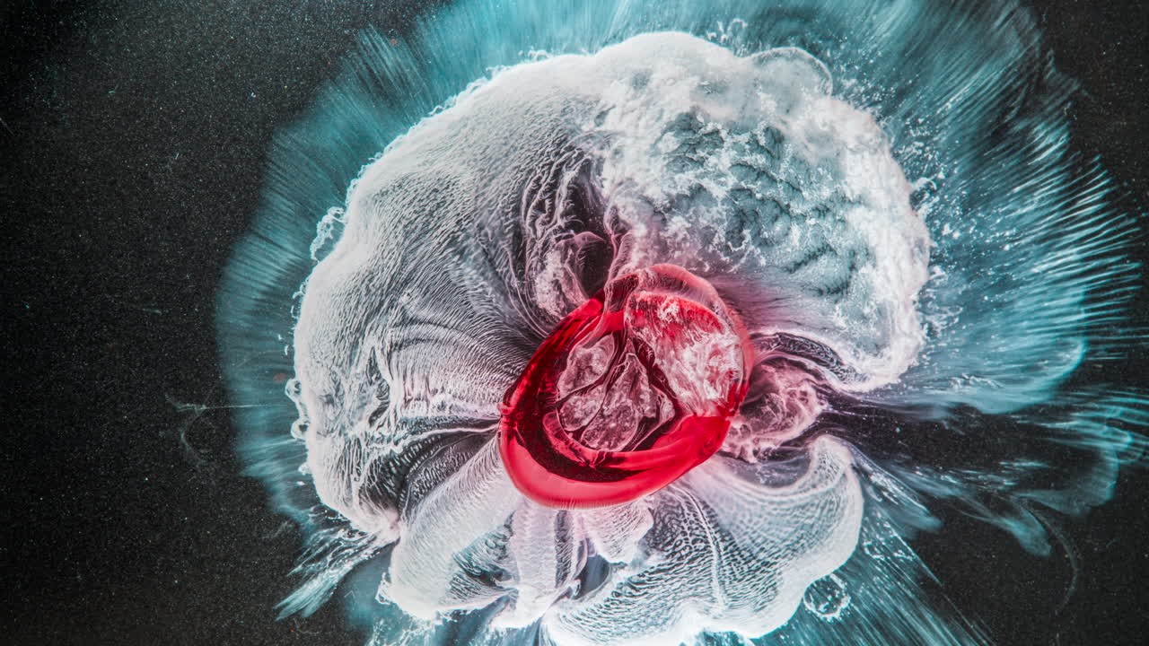 Pill dissolving in liquid, red substance mixing with foam in a vibrant swirl, timelapse