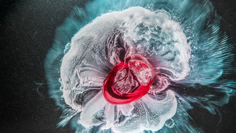 pill dissolving in liquid, red substance mixing with foam in a vibrant swirl, timelapse