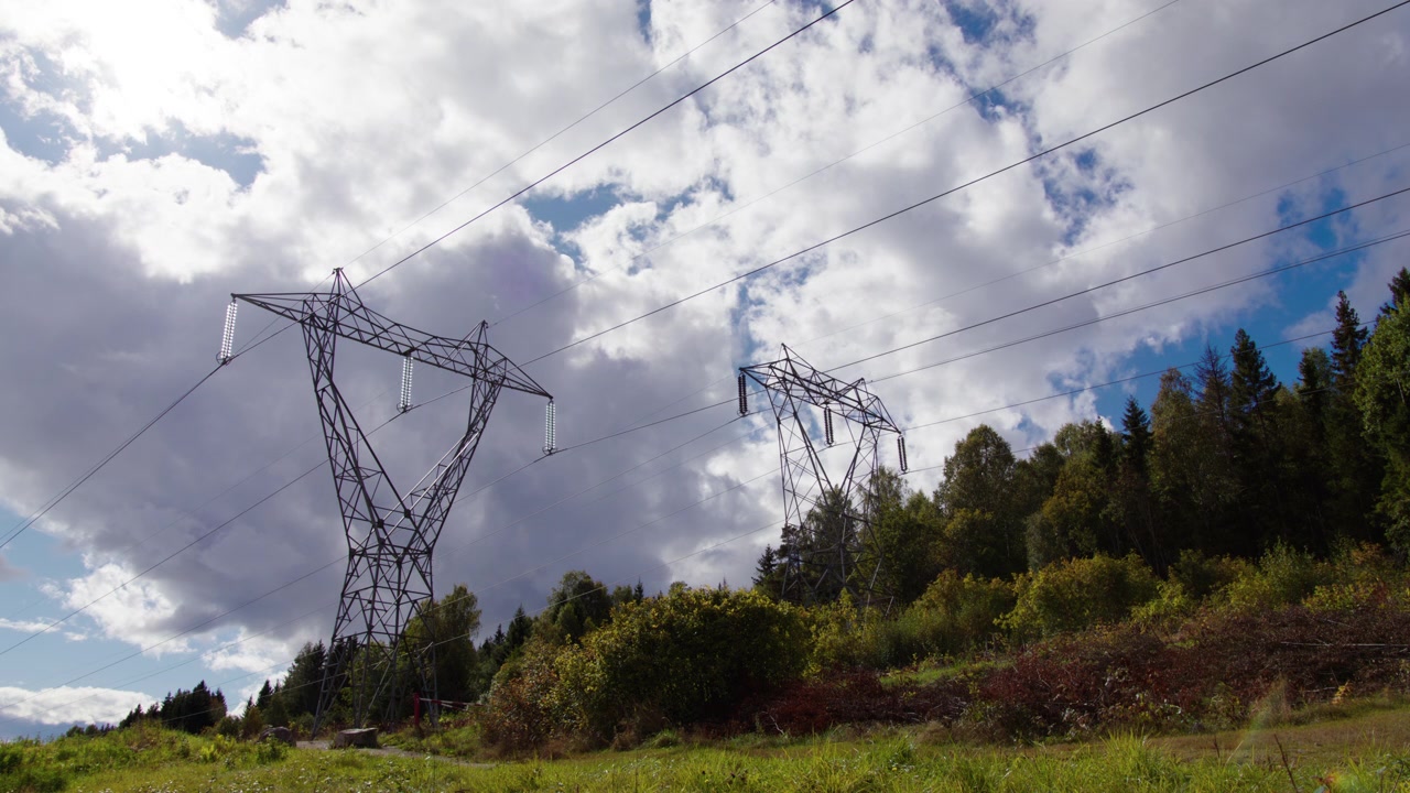 Tall steel electricity pylons carry multiple high voltage lines above a grassy hillside and mixed woodland under shifting clouds, useful for energy or infrastructure themes.