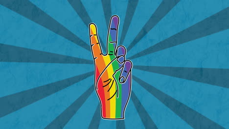 animation of rainbow peace gesture over blue background