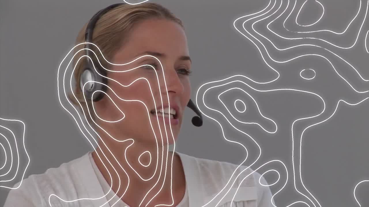 animación de líneas en movimiento sobre una mujer con auriculares de teléfono
