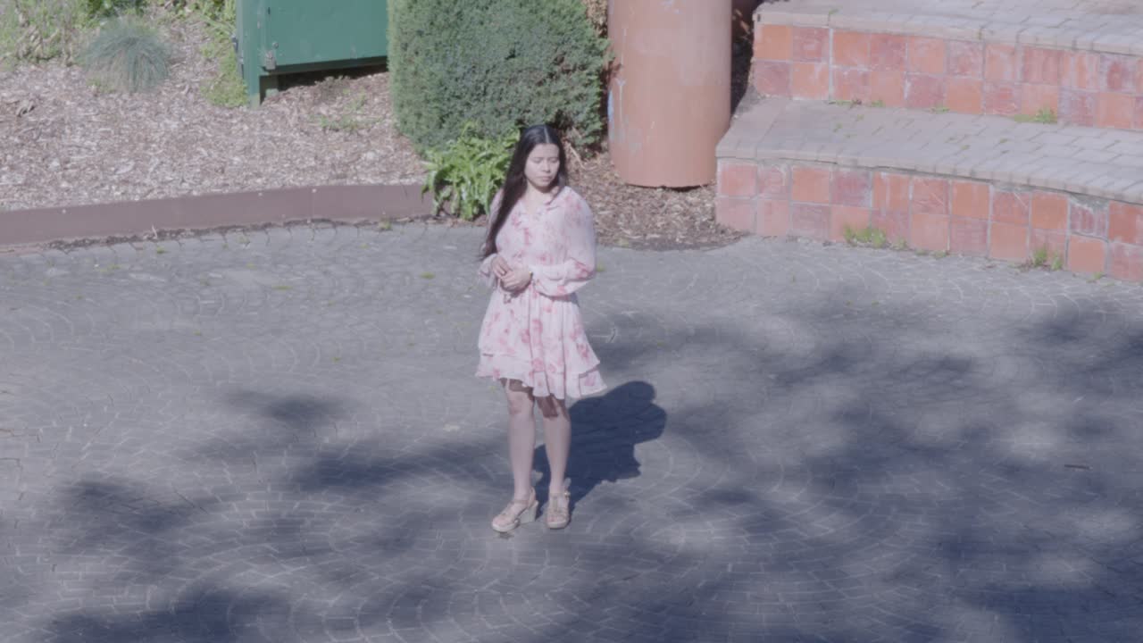 A woman stands in a sunlit garden pathway wearing a floral dress. The scene captures vibrant colors and textures with shadows on brick and greenery, evoking a peaceful, serene mood