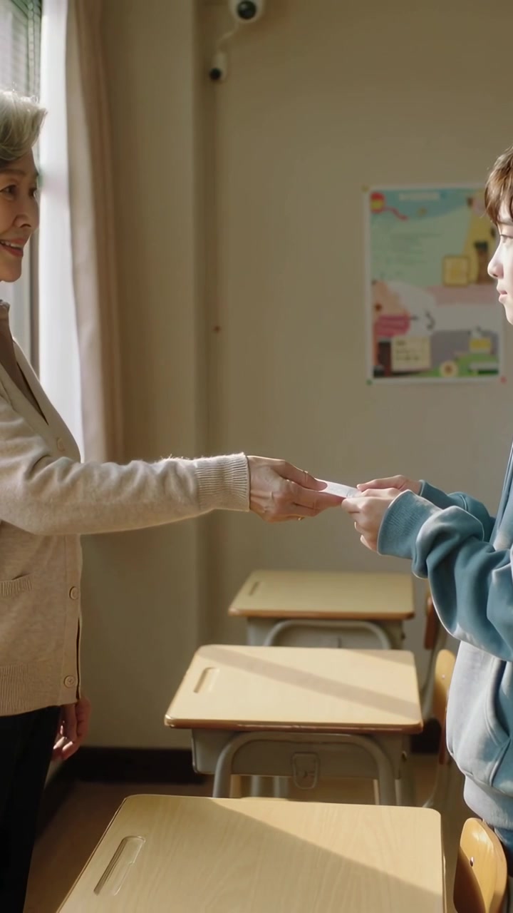 Video verticale: Insegnante in cardigan che offre un biglietto sottile in classe, studente con felpa con cappuccio che legge.
