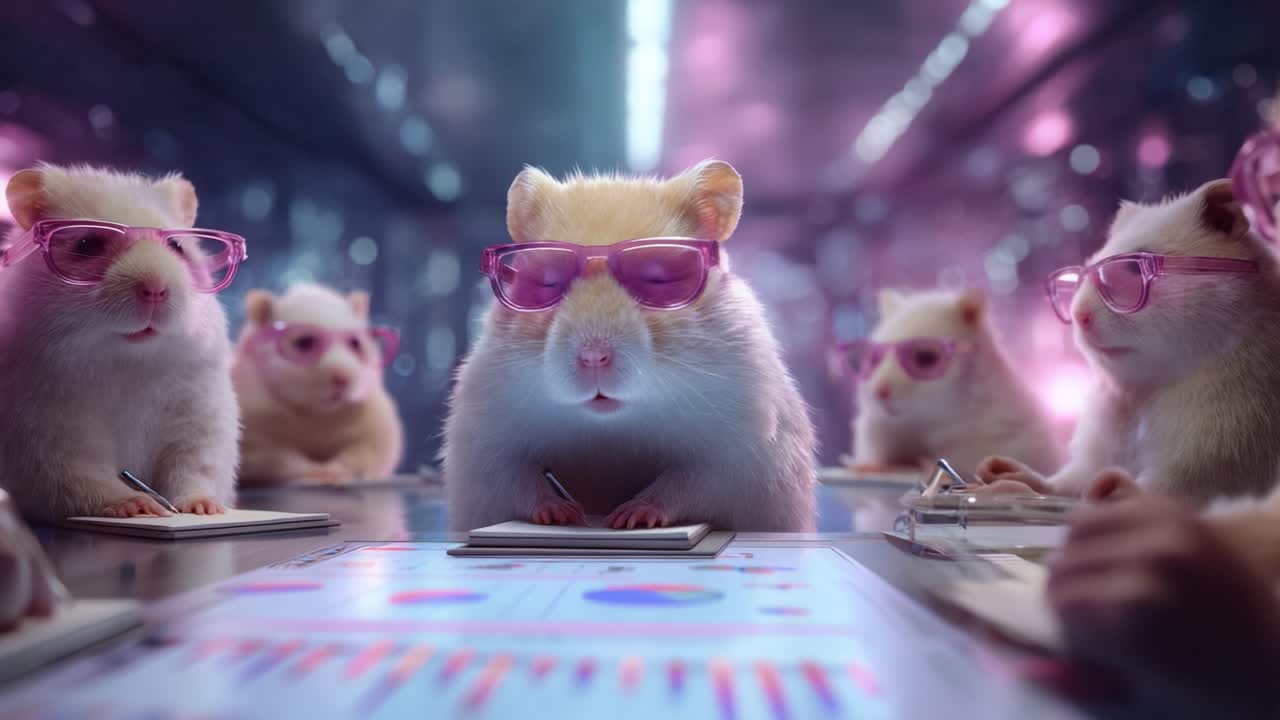 A Group of Hamsters Wearing Glasses Engaged in a Serious Meeting Surrounded by High-Tech Charts and Colorful Lighting, Reflecting a Unique Animal Intelligence in a Futuristic Setting