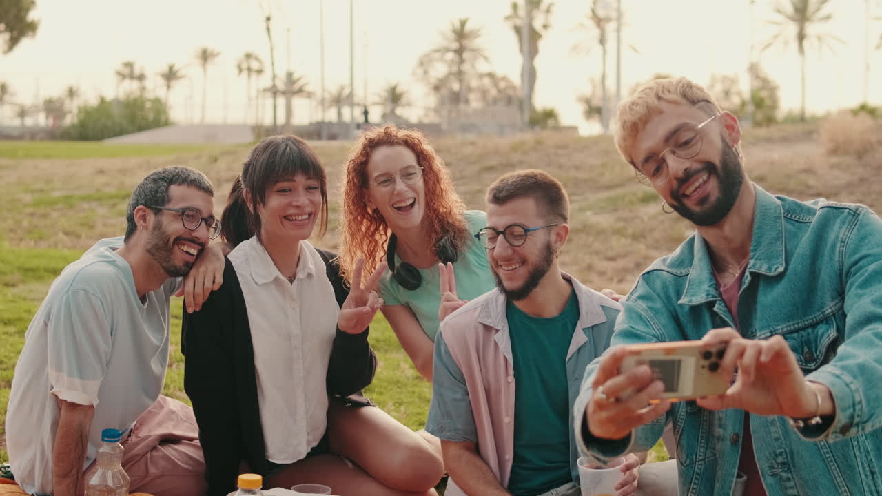 Friends Enjoying a Picnic and Taking Selfies