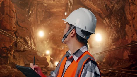 close up side view of asian male engineer with safety helmet taking note on the tablet and looking around while standing in underground mine tunnel