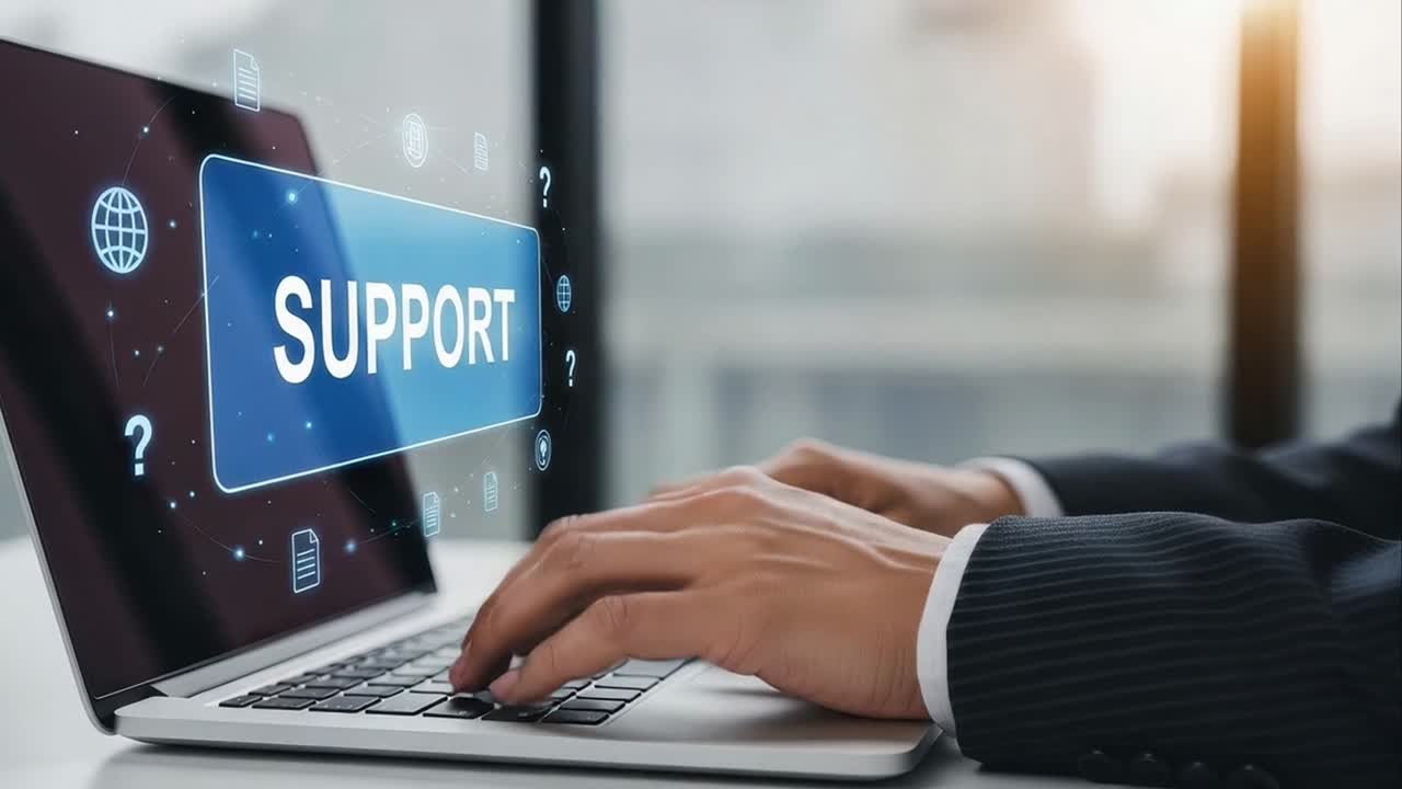 Businessman Using a Laptop for Online Customer Support and Technical Assistance