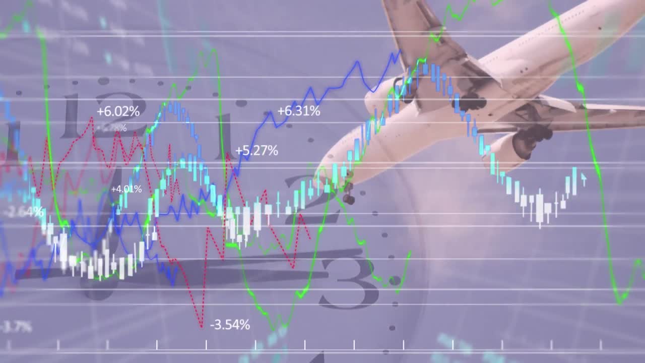 하늘을 날아다니는 비행기의 애니메이션, 시계의 타이킹, 배경에 표시되는 통계.